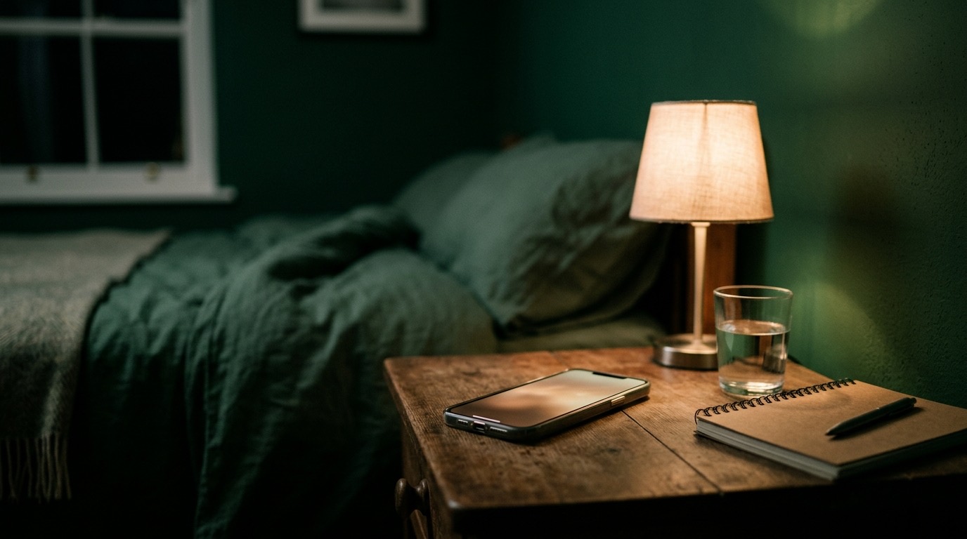 A mobile phone glowing on a bedside table in a dark bedroom at night, a lamp and a notebook beside it