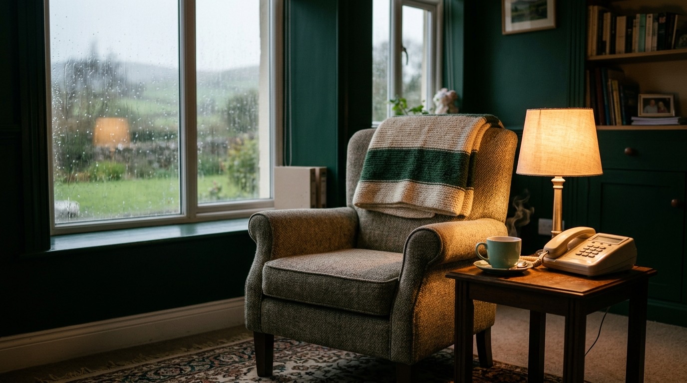 A quiet living room at dusk with a lamp lit and a phone on a side table beside an armchair and a blanket
