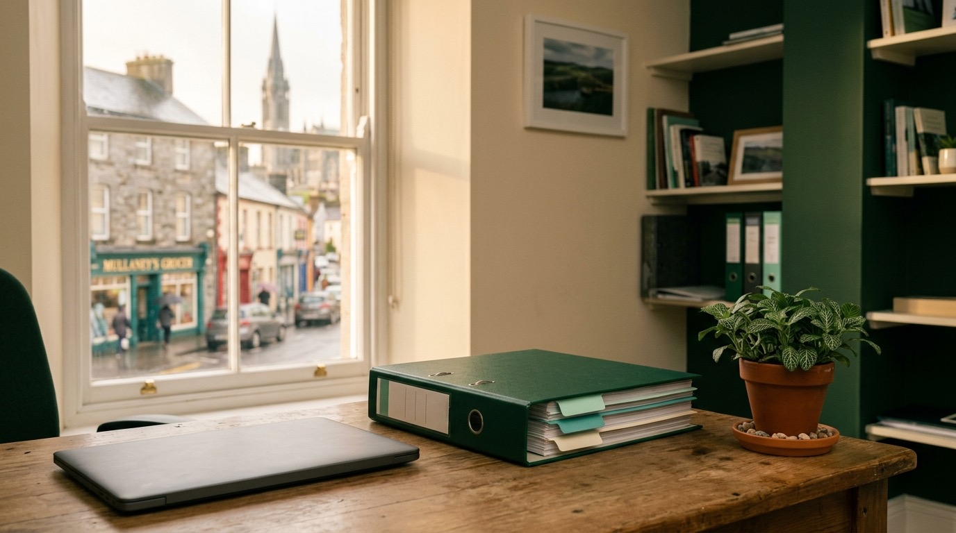 A neat folder of documents and a laptop on a desk in a small community office, green plant in the background