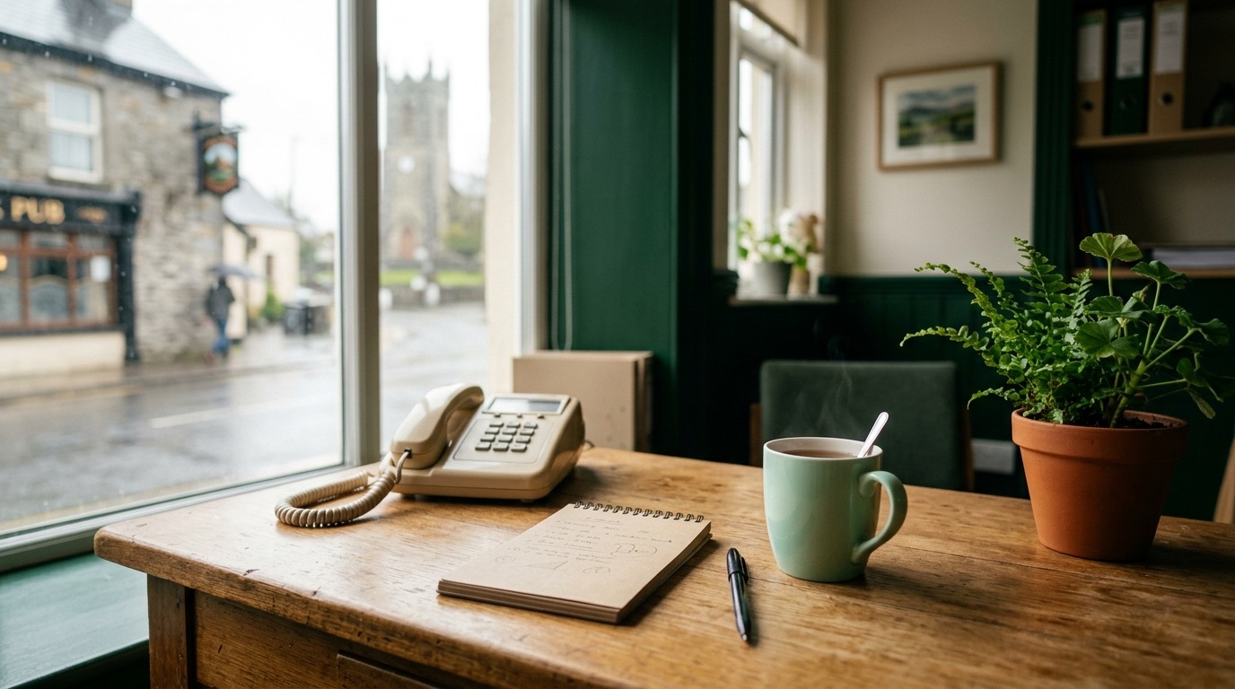 A desk telephone and a notepad with a pen in a small agency office, soft daylight through a window