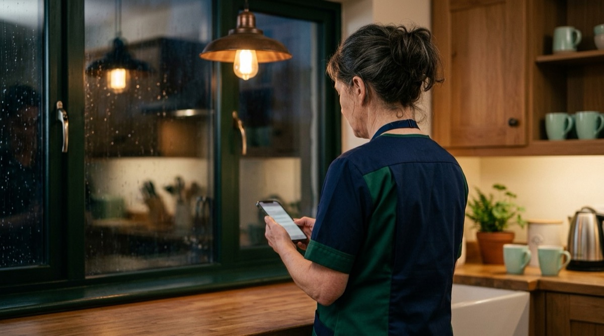 A nurse in a plain tunic checking a mobile phone at a kitchen counter late in the evening, warm light